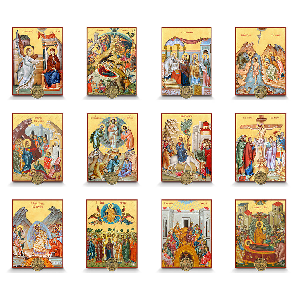 Ensemble des 12 Icônes Festales - Dodekaorto sur Bois avec Feuille d'Or ...