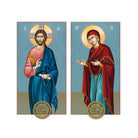 2 Christian Icons Jesus Christ Virgin Mary on Wood with Blue Background