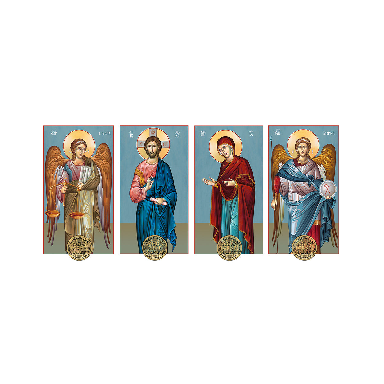 4 Icons Christ Virgin Mary Archangels Michael Gabriel Blue Background