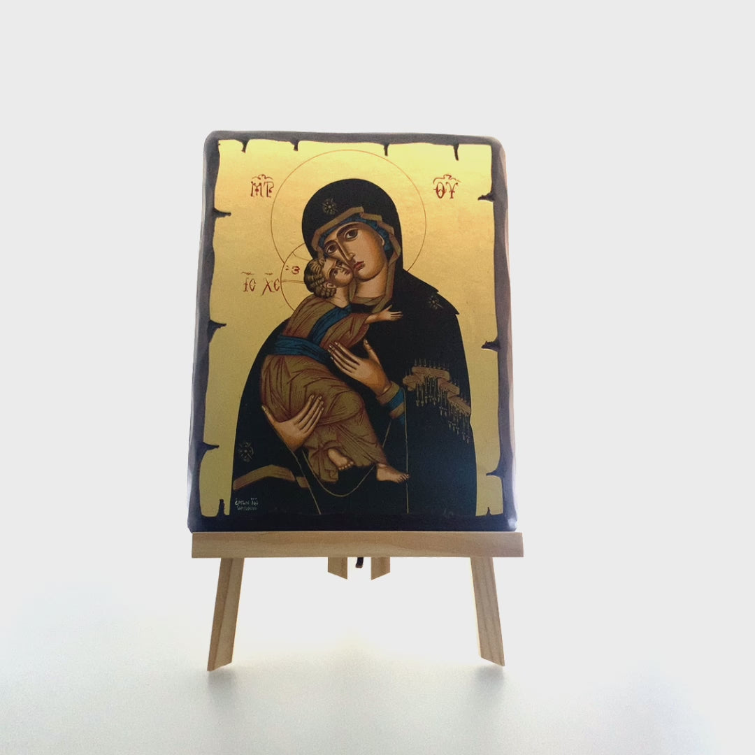 Virgin Mary of Vladimir Eastern Christian Icon on Wood with Gold Leaf