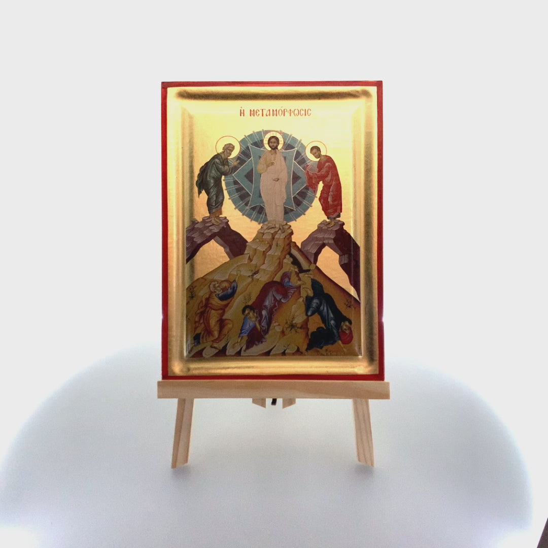 Transfiguration of Jesus Christ Greek Orthodox Wood Icon with Gold Leaf