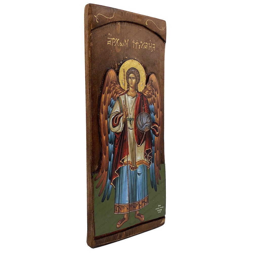 Archangel Michael - Wood curved Byzantine Christian Orthodox Icon on Natural solid Wood