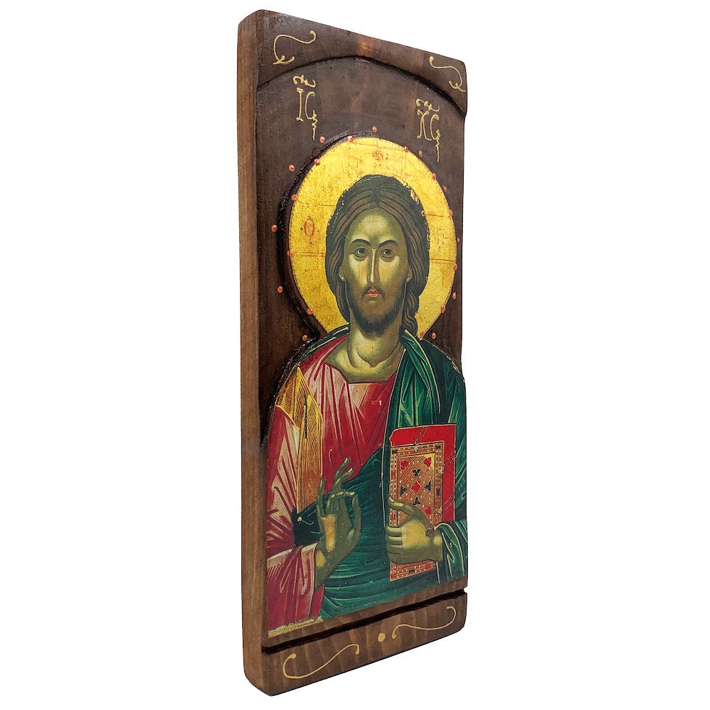 Jesus Christ Byzantine Greek Gold Print Icon on Carved Wood