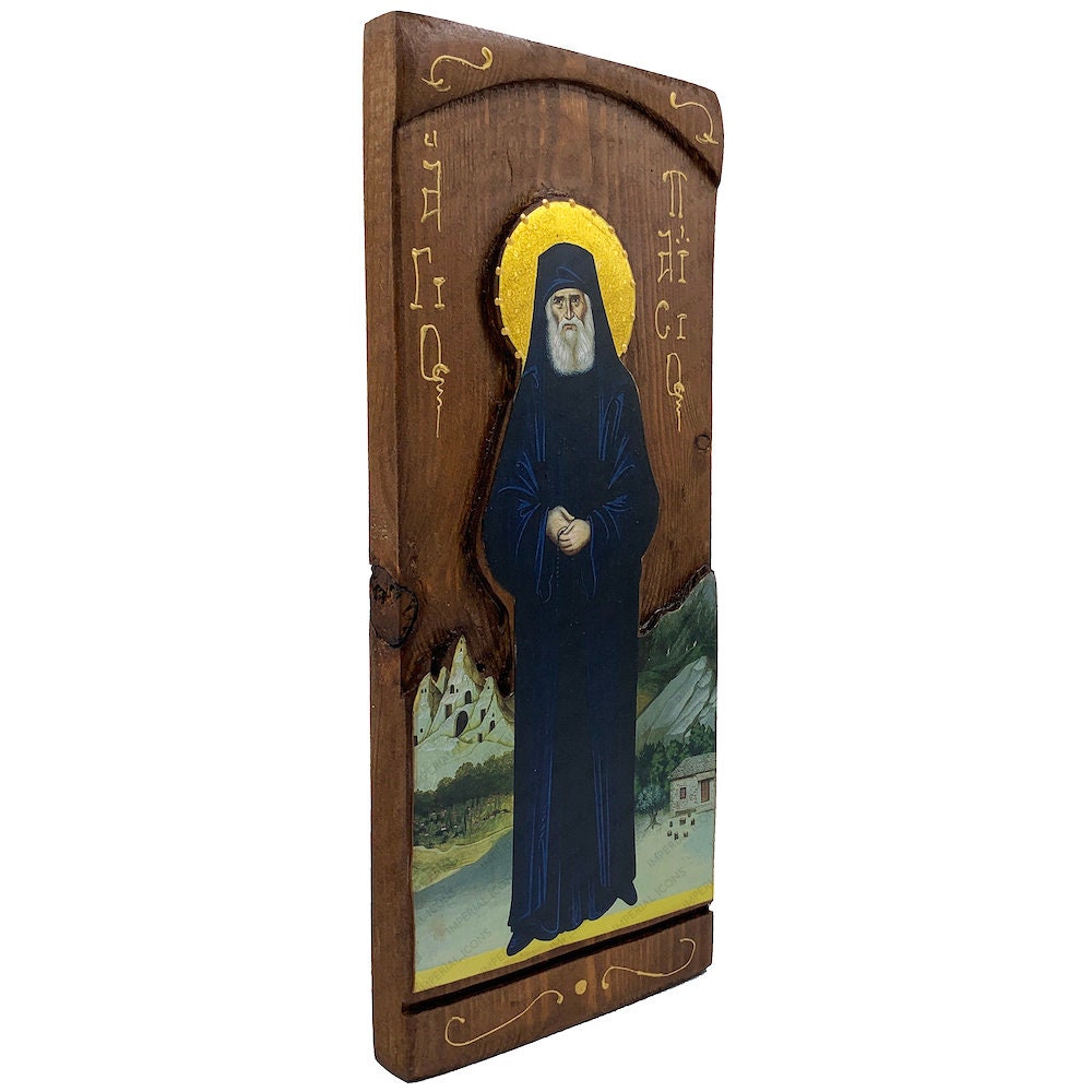 St Paisios - Wood curved Byzantine Christian Orthodox Icon on Natural solid Wood