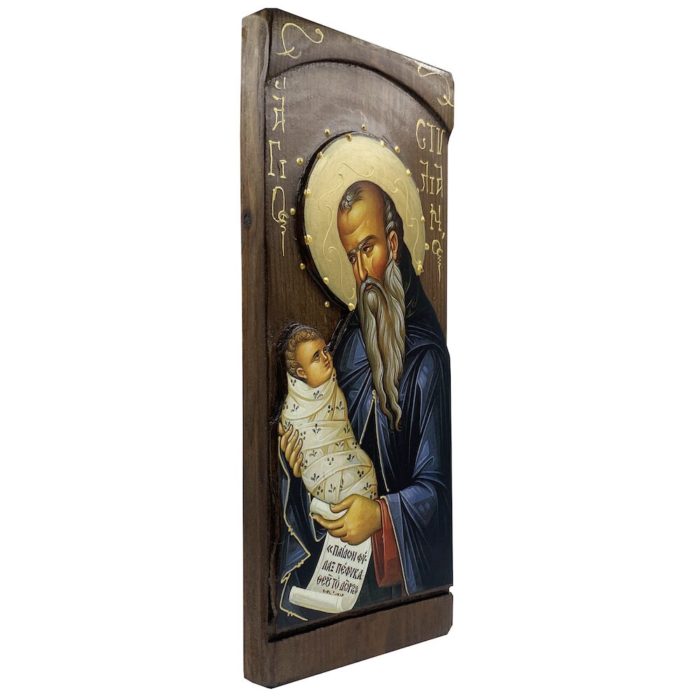 St Stylianos - Wood curved Byzantine Christian Orthodox Icon on Natural solid Wood
