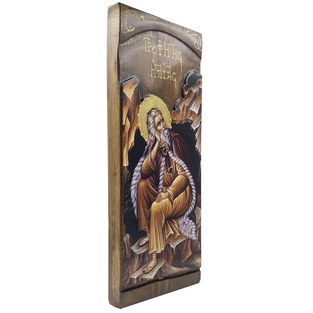 Prophet Elijah - Wood curved Byzantine Christian Orthodox Icon on Natural solid Wood