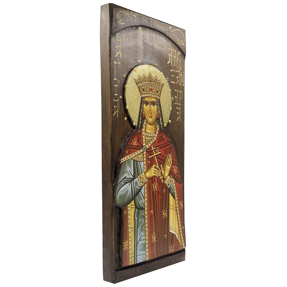 St Alexandra - Wood curved Byzantine Christian Orthodox Icon on Natural solid Wood
